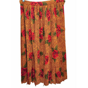 SK & Company Vintage Red Tan Floral Pleated Lined Side Zip Maxi‎ Skirt